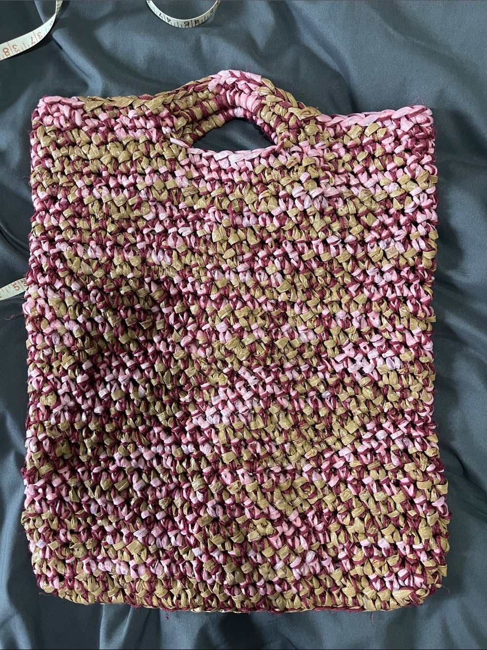 Handwoven Crochet Tote Bag in from Plastic Bags Olive, Mauve & Pink